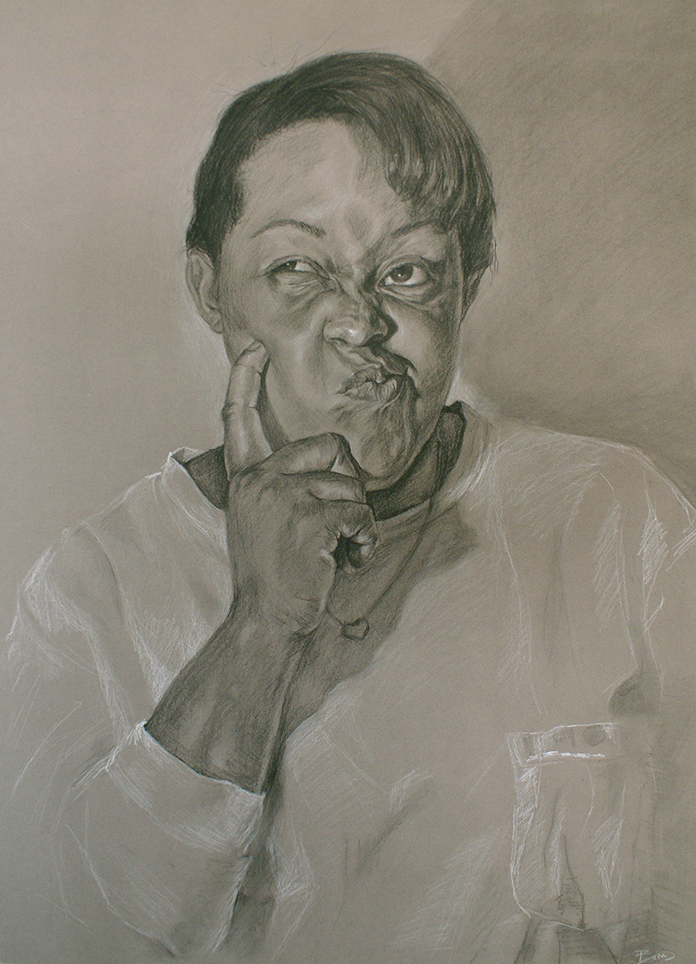 "Remember When...", charcoal on crescent board, 30 x 22 inches