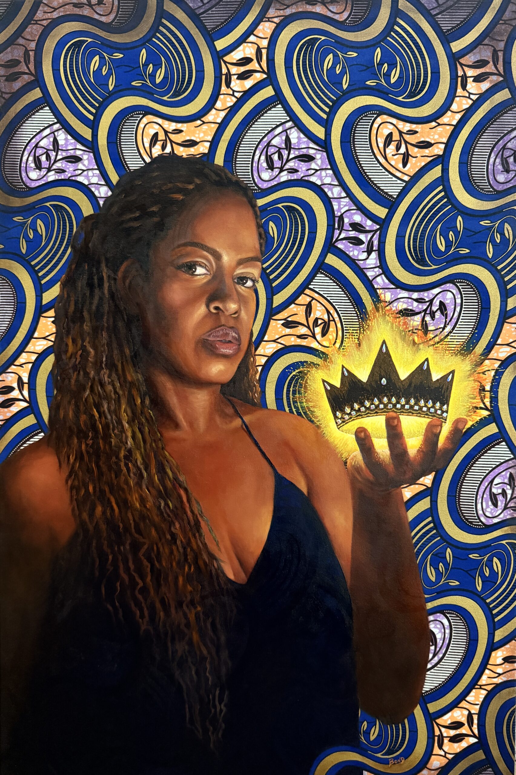"Heavy Is the Crown", oil, acrylic, fabric, and rhinestones on canvas, 36 x 24 inches